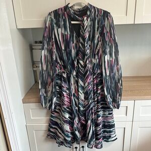 Betsey Johnson Tie Neck Dress Womens 10 Abstract Chiffon Fit Flare Lined‎ Retro